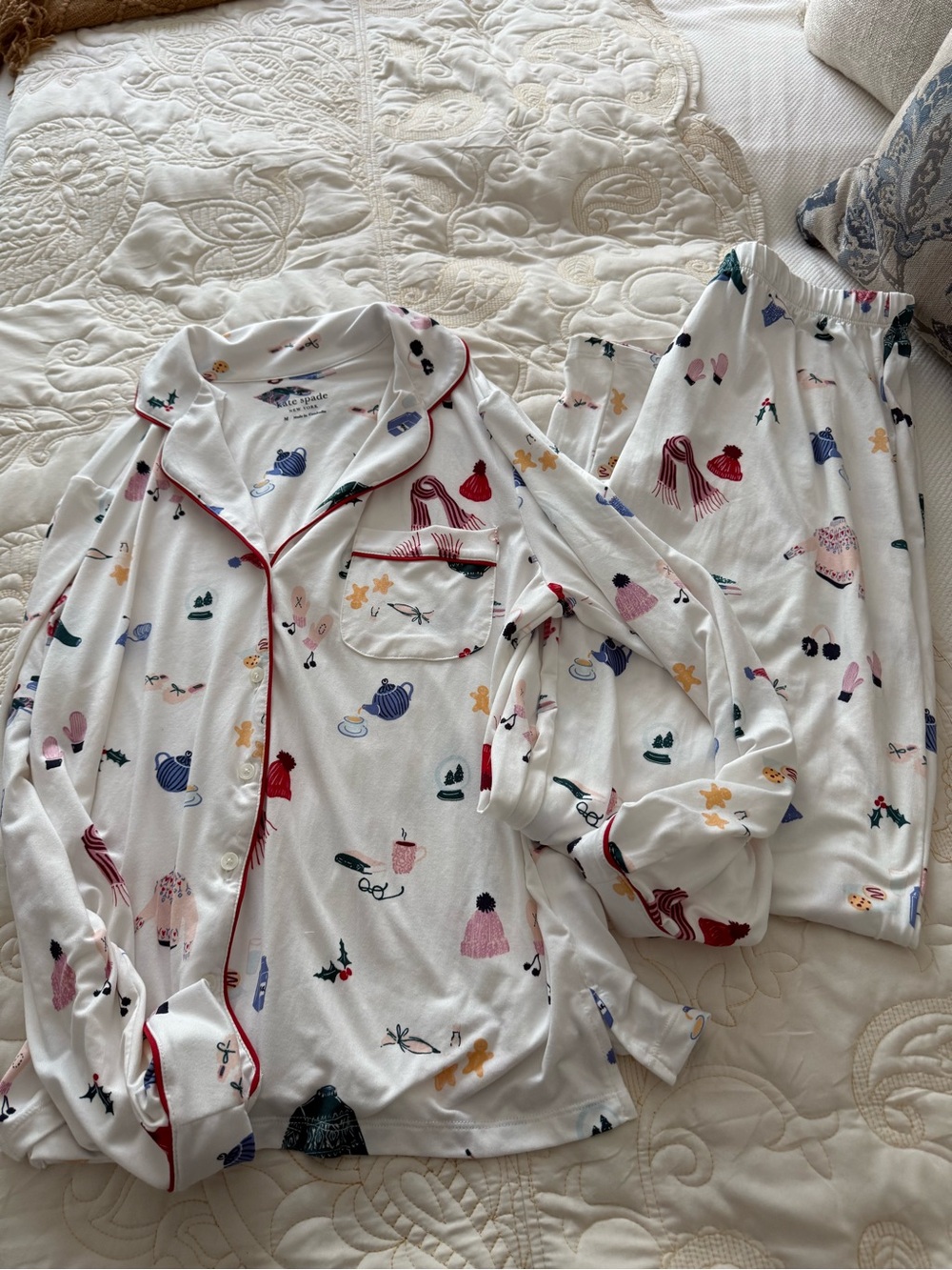 Kate Spade Women’s White Whimsical Print Pajama Set with Red Piping